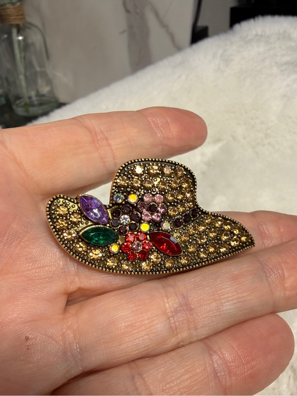 Gold-Tone Multistone Hat Brooch with Colorful Rhinestones